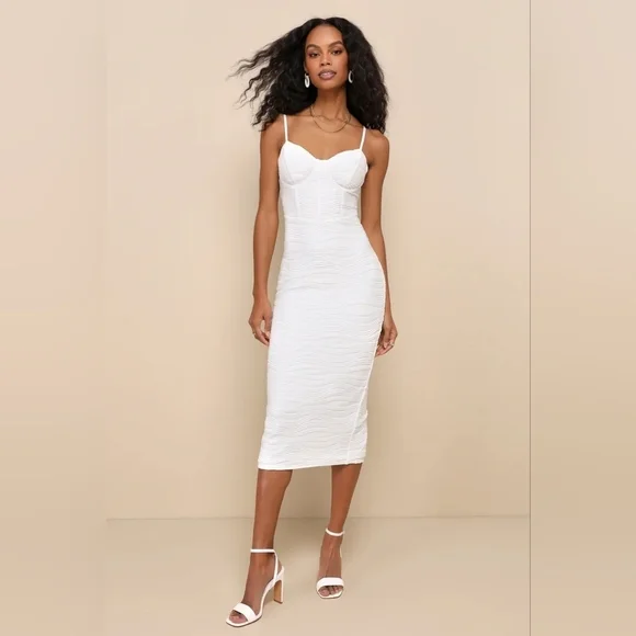 Lulus Undeniable Icon White Textured Bustier Bodycon Midi Dress S Wedding Party - Picture 2 of 10